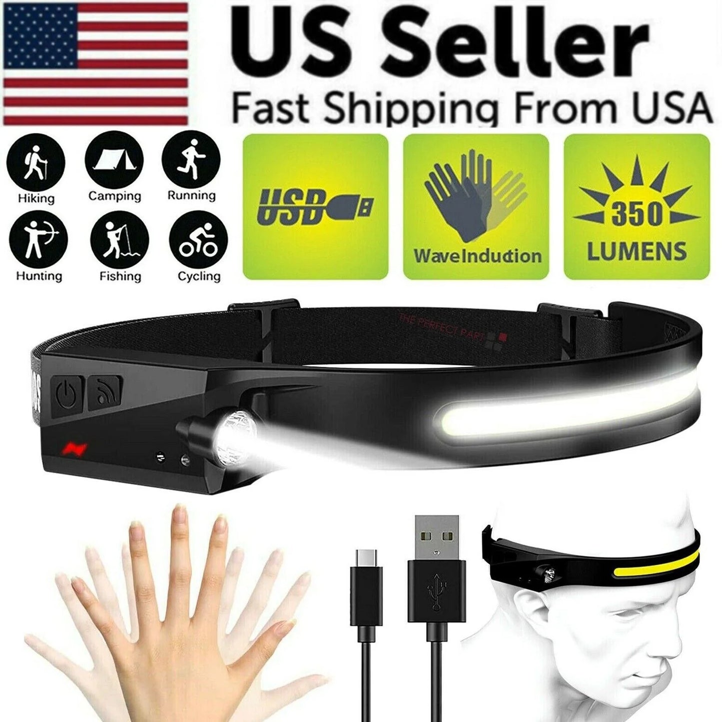 COB LED Rechargeable Headlamp – 350LM Waterproof Work Light with Motion Sensor & USB-C Fast Charging