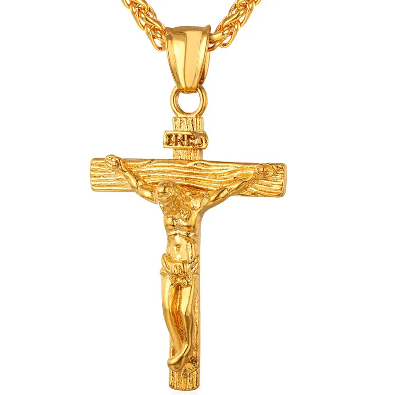 Stainless Steel Crucifix Cross Pendant Necklace – Gold Plated INRI Jesus Piece for Women & Men | Faith Religious Jewelry