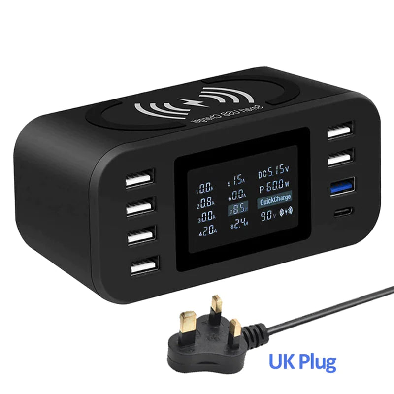 60W Wireless Charging Station with Quick Charge 3.0 – 8-Port USB Hub & 10W Qi Fast Charger | Smart LED Display | Universal Multi-Device Charger for iPhone, Samsung, LG, Pixel, and More