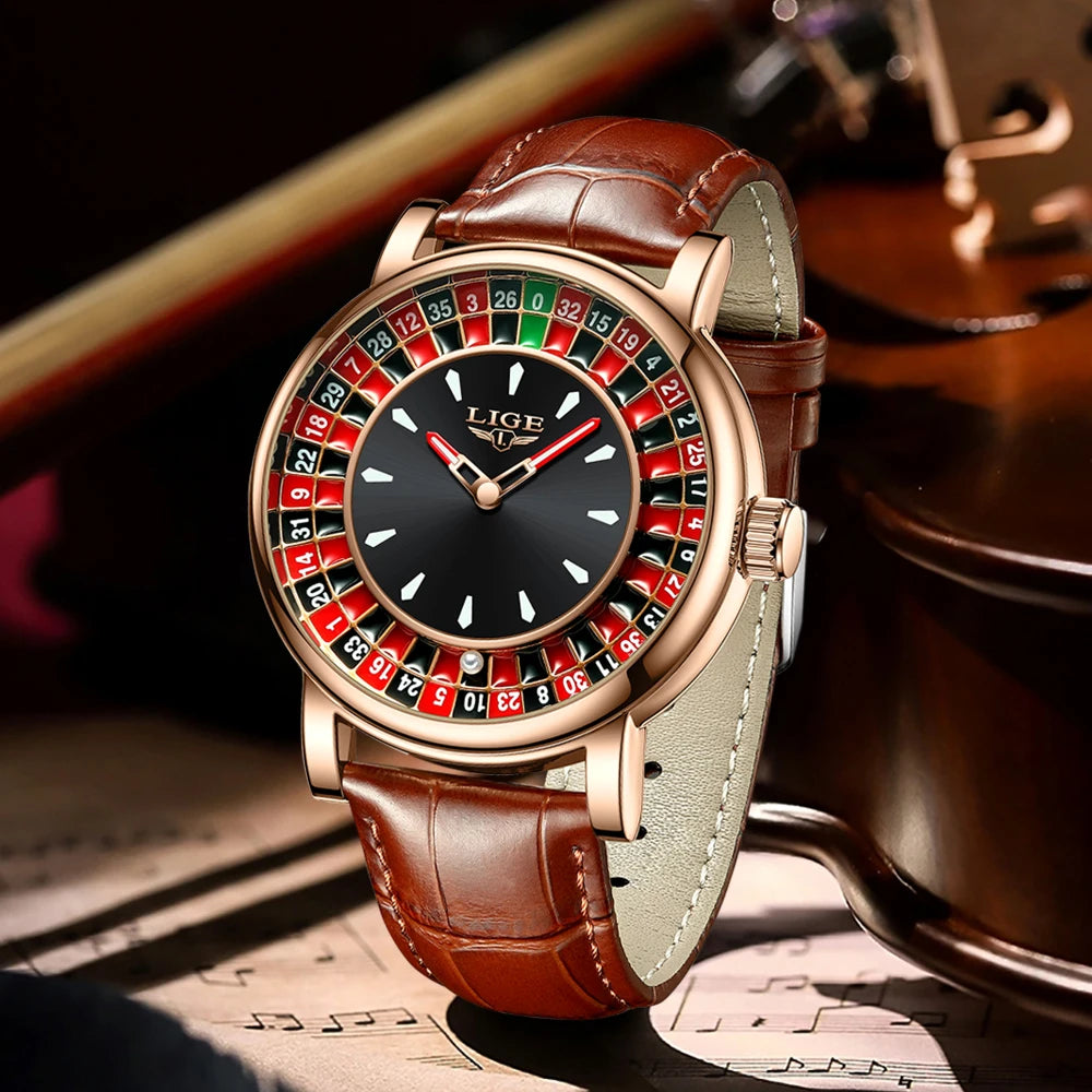 Men’s Roulette Watch – Brown/Black Leather Strap, Waterproof Quartz, Luminous Hands, Casino-Inspired Design