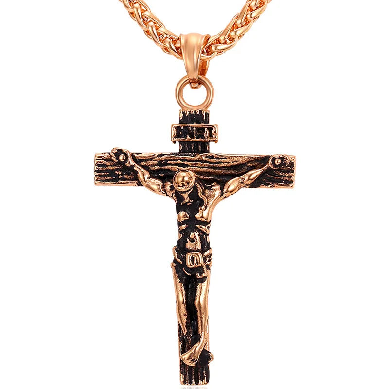 Stainless Steel Crucifix Cross Pendant Necklace – Gold Plated INRI Jesus Piece for Women & Men | Faith Religious Jewelry