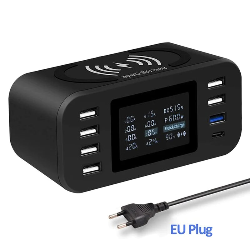 60W Wireless Charging Station with Quick Charge 3.0 – 8-Port USB Hub & 10W Qi Fast Charger | Smart LED Display | Universal Multi-Device Charger for iPhone, Samsung, LG, Pixel, and More