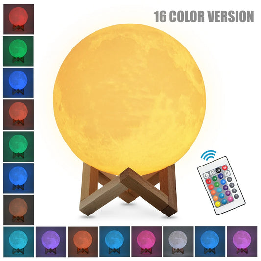 3D Printed Moon Lamp – Rechargeable Color-Changing LED Night Light with Wooden Stand | Touch Control Home Decor & Gift