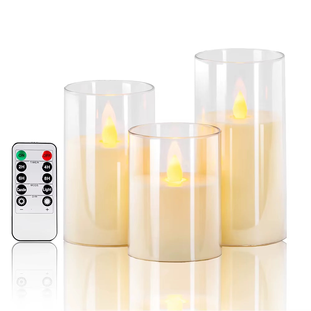 LED Flameless Candles with Remote & Timer – Acrylic Flickering Electronic Candle Set (3-Piece) for Christmas, Weddings & Home Decor