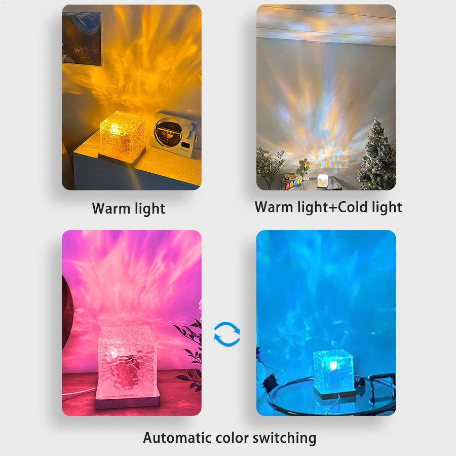 Ocean Wave Aurora Crystal Flame Lamp – 16 Colors RGB Night Light with Remote & Dynamic Water Ripple Effect