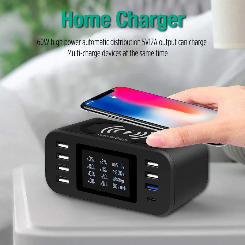 60W Wireless Charging Station with Quick Charge 3.0 – 8-Port USB Hub & 10W Qi Fast Charger | Smart LED Display | Universal Multi-Device Charger for iPhone, Samsung, LG, Pixel, and More
