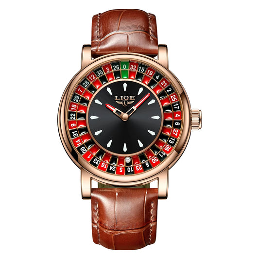 Men’s Roulette Watch – Brown/Black Leather Strap, Waterproof Quartz, Luminous Hands, Casino-Inspired Design