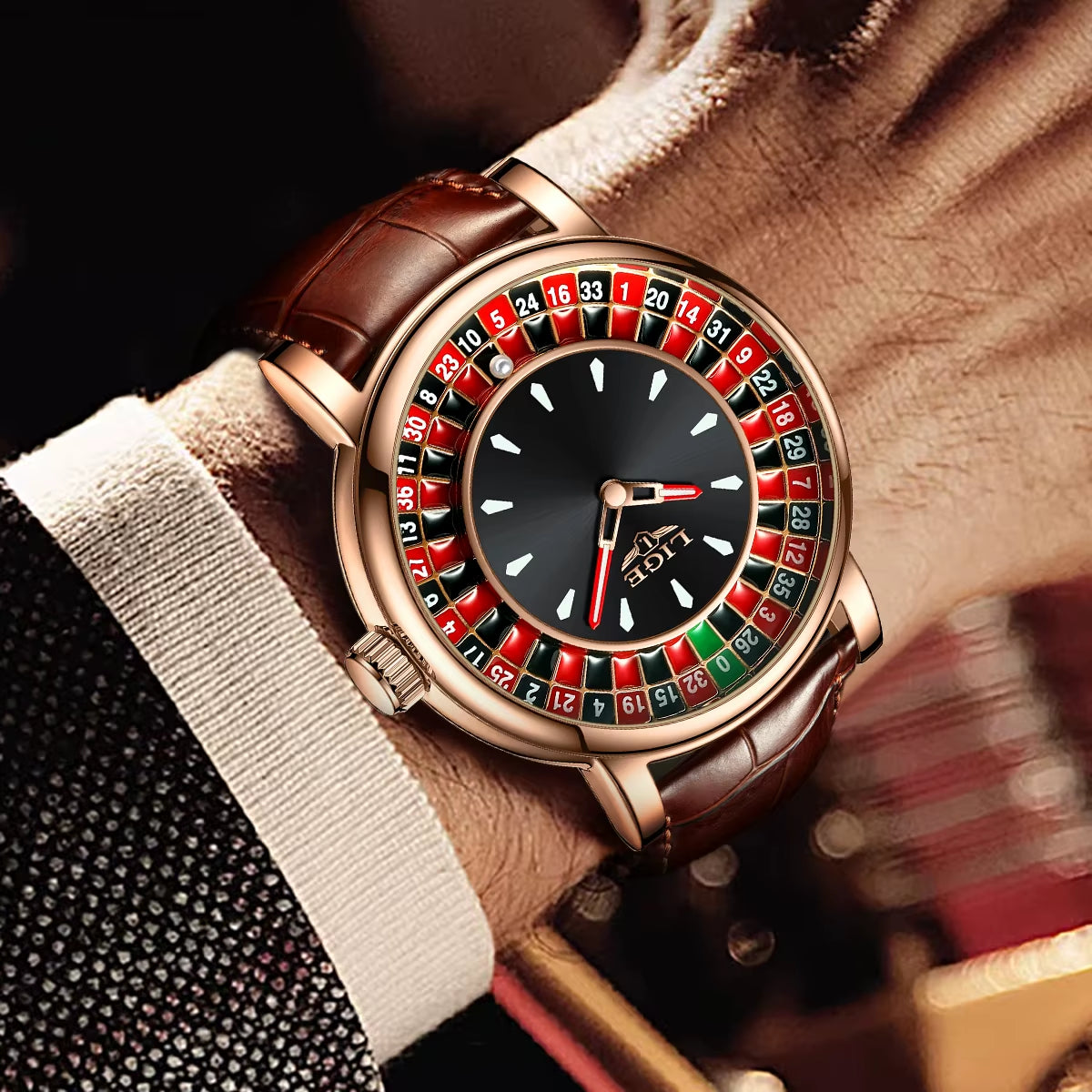 Men’s Roulette Watch – Brown/Black Leather Strap, Waterproof Quartz, Luminous Hands, Casino-Inspired Design