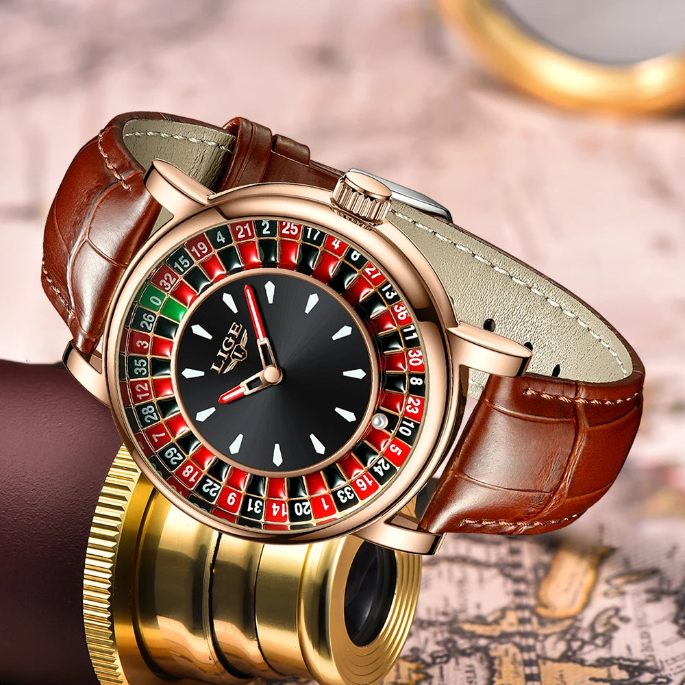 Men’s Roulette Watch – Brown/Black Leather Strap, Waterproof Quartz, Luminous Hands, Casino-Inspired Design
