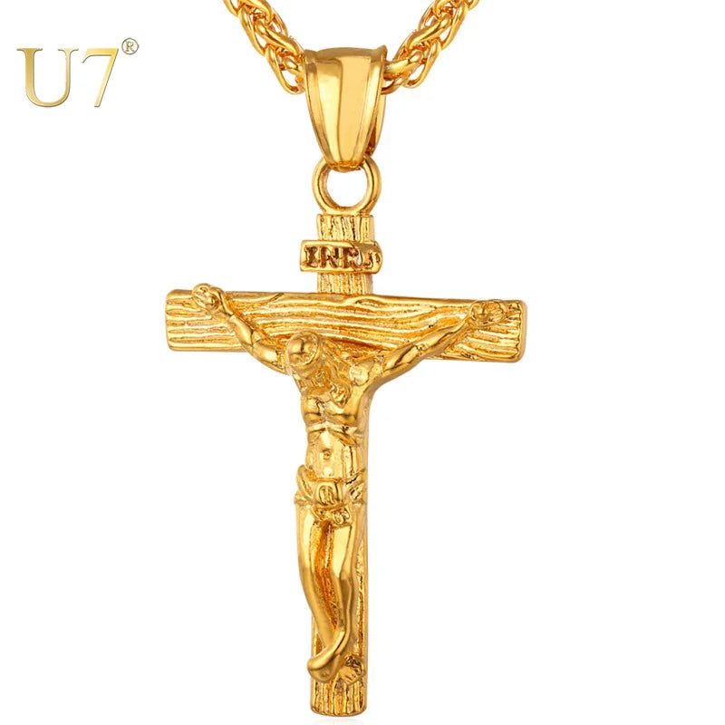 Stainless Steel Crucifix Cross Pendant Necklace – Gold Plated INRI Jesus Piece for Women & Men | Faith Religious Jewelry