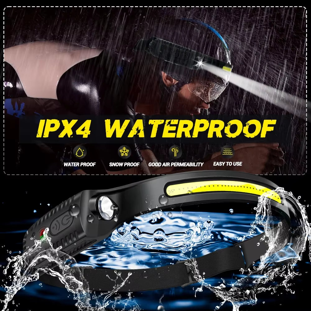 USB Rechargeable LED Sensor Headlamp | XPE+COB Waterproof Headlight for Camping, Fishing, Running & Outdoor Work