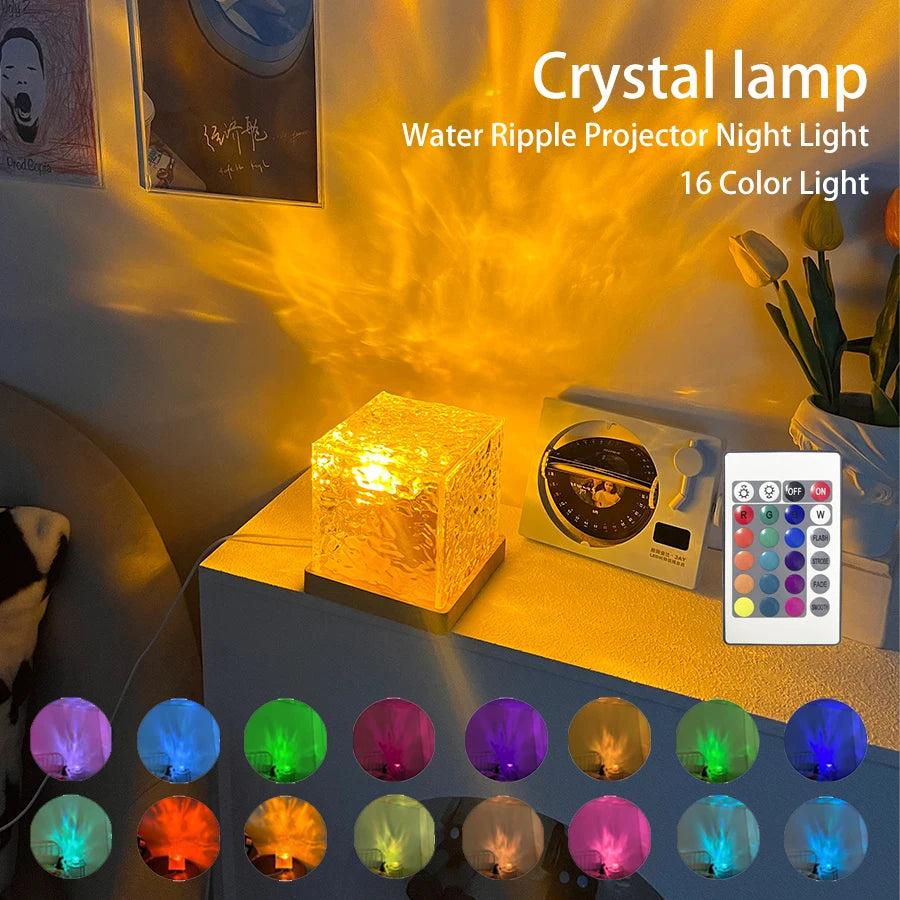 Ocean Wave Aurora Crystal Flame Lamp – 16 Colors RGB Night Light with Remote & Dynamic Water Ripple Effect