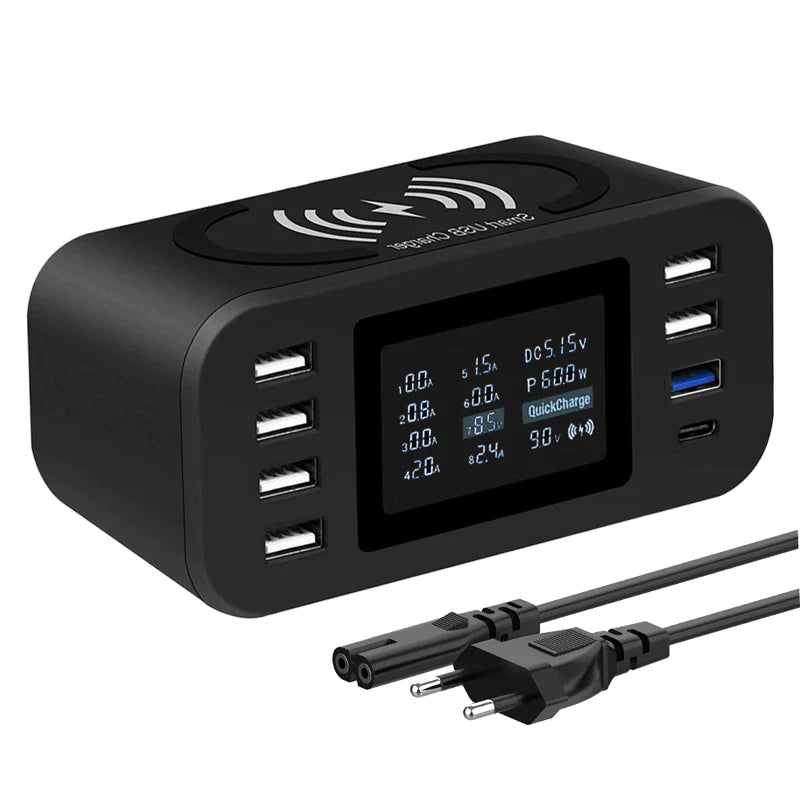 60W Wireless Charging Station with Quick Charge 3.0 – 8-Port USB Hub & 10W Qi Fast Charger | Smart LED Display | Universal Multi-Device Charger for iPhone, Samsung, LG, Pixel, and More