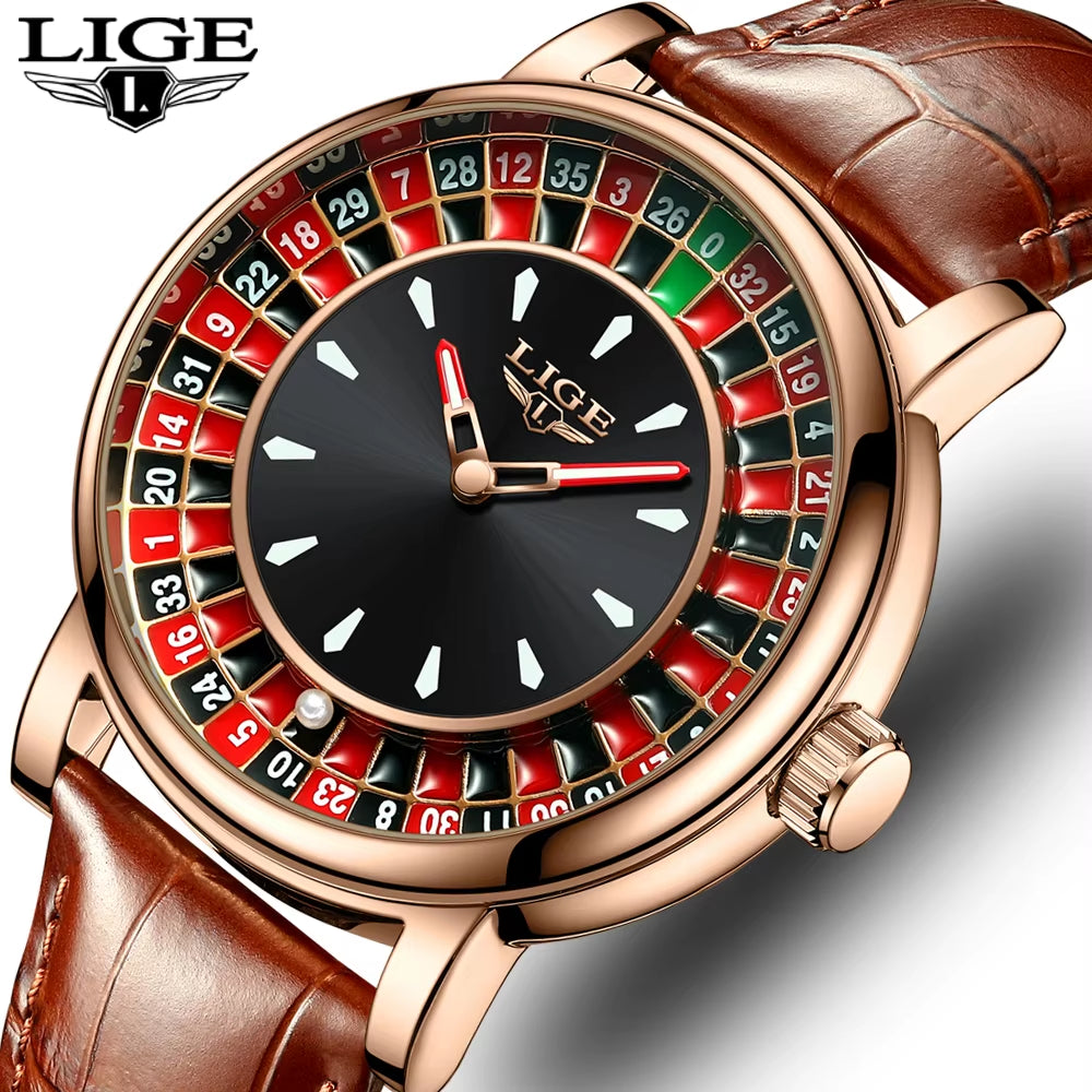 Men’s Roulette Watch – Brown/Black Leather Strap, Waterproof Quartz, Luminous Hands, Casino-Inspired Design