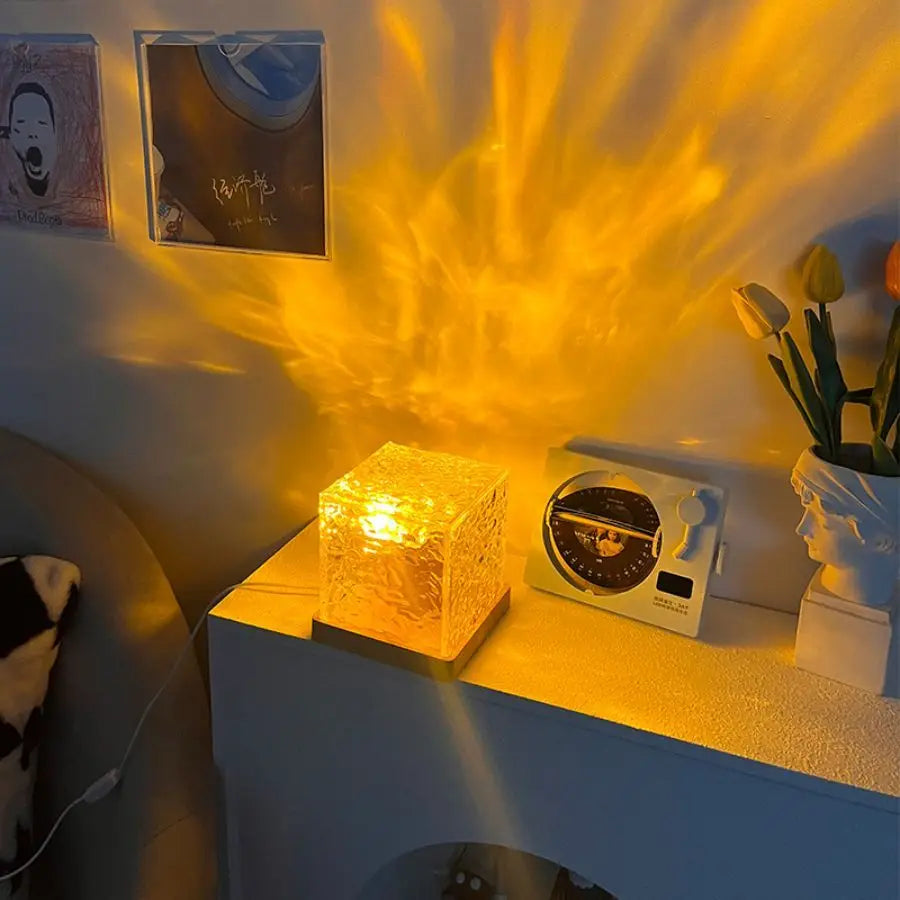 Ocean Wave Aurora Crystal Flame Lamp – 16 Colors RGB Night Light with Remote & Dynamic Water Ripple Effect