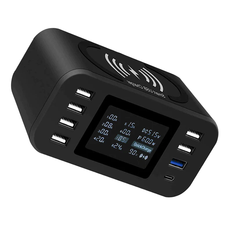 60W Wireless Charging Station with Quick Charge 3.0 – 8-Port USB Hub & 10W Qi Fast Charger | Smart LED Display | Universal Multi-Device Charger for iPhone, Samsung, LG, Pixel, and More