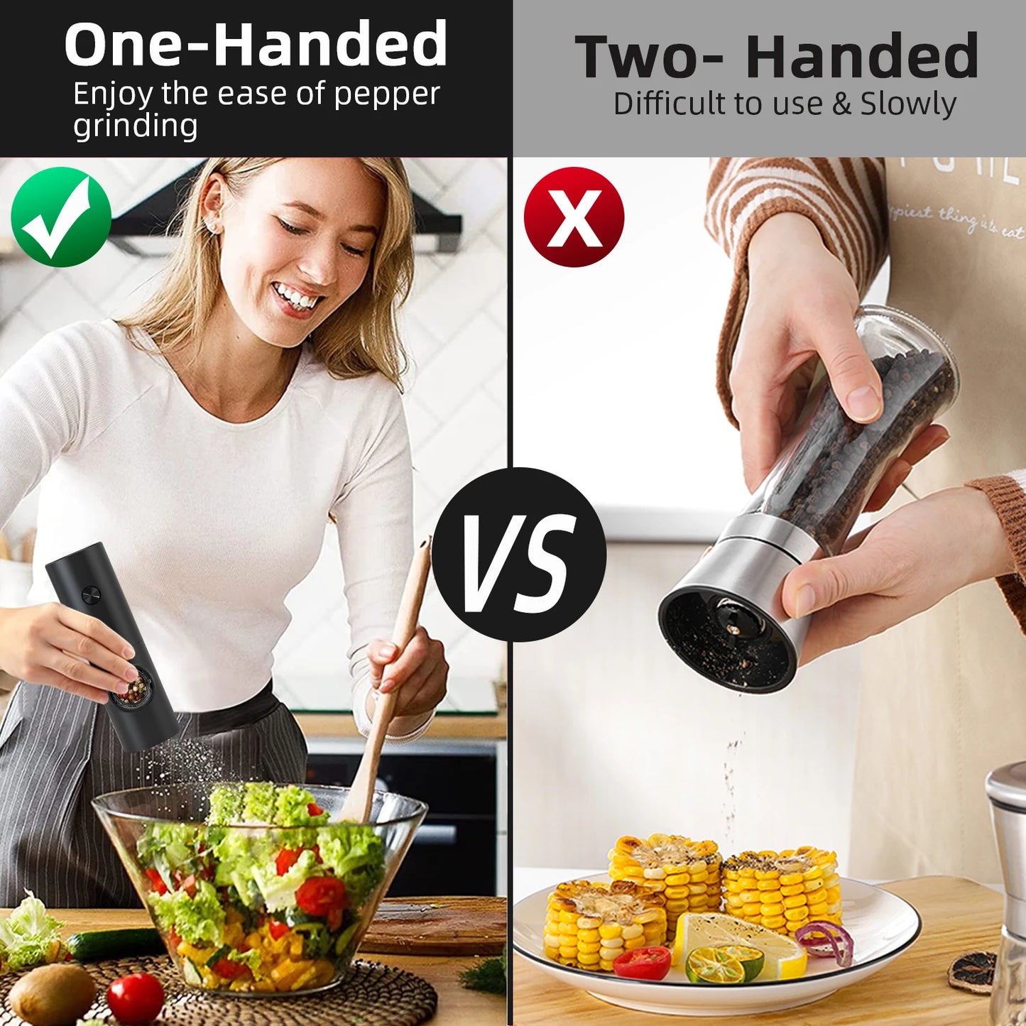 Electric Automatic Salt & Pepper Grinder Set with LED Light – Battery Powered Gravity Spice Mill, Adjustable Coarseness