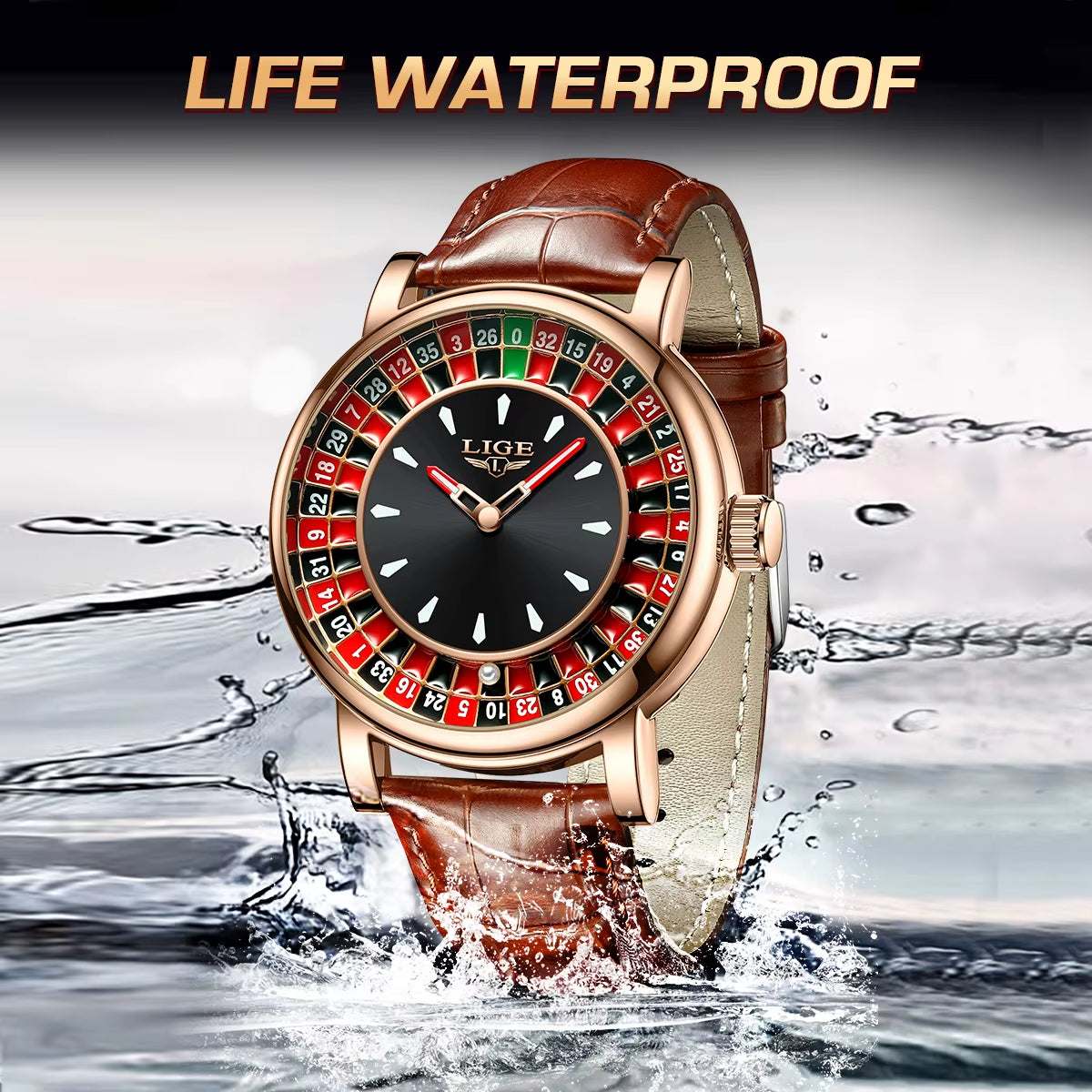 Men’s Roulette Watch – Brown/Black Leather Strap, Waterproof Quartz, Luminous Hands, Casino-Inspired Design
