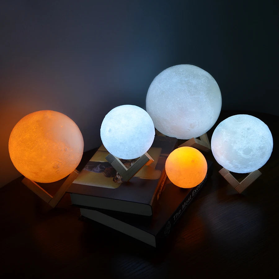 3D Printed Moon Lamp – Rechargeable Color-Changing LED Night Light with Wooden Stand | Touch Control Home Decor & Gift