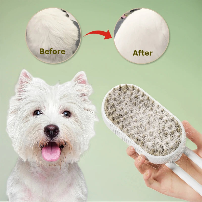 PetSilque™ 3-in-1 Electric Steam Pet Brush – Cat & Dog Grooming Comb with Spray, Massage & Hair Removal