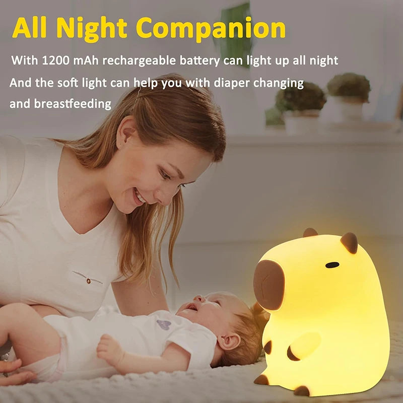 Cute Capybara Silicone Night Light – USB Rechargeable Touch Bedside Lamp for Kids, Babies & Nursery