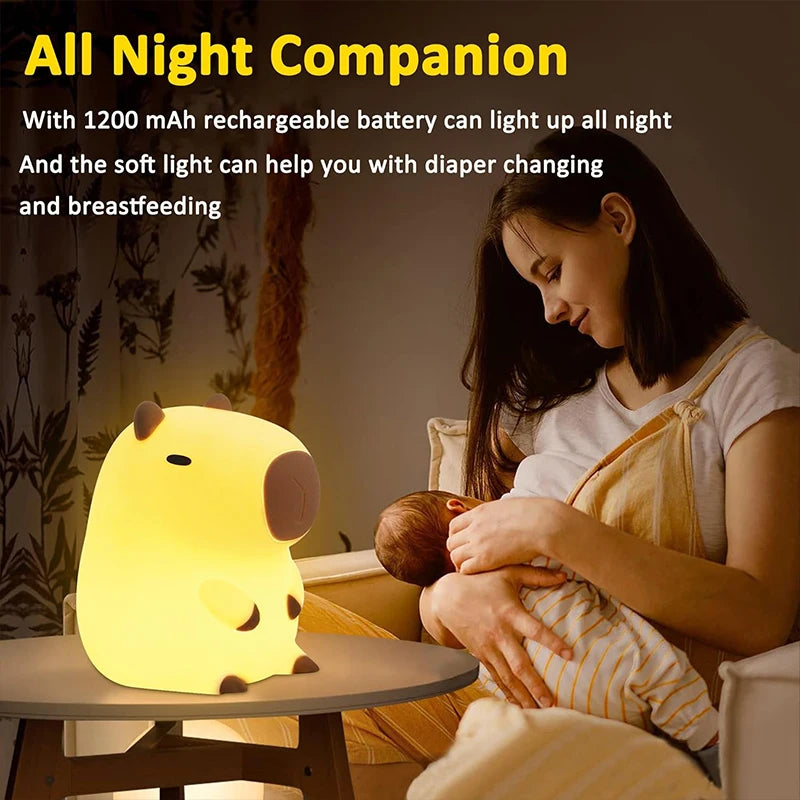 Cute Capybara Silicone Night Light – USB Rechargeable Touch Bedside Lamp for Kids, Babies & Nursery