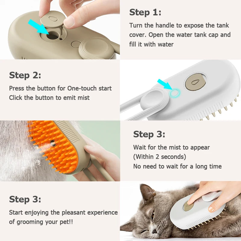 PetSilque™ 3-in-1 Electric Steam Pet Brush – Cat & Dog Grooming Comb with Spray, Massage & Hair Removal