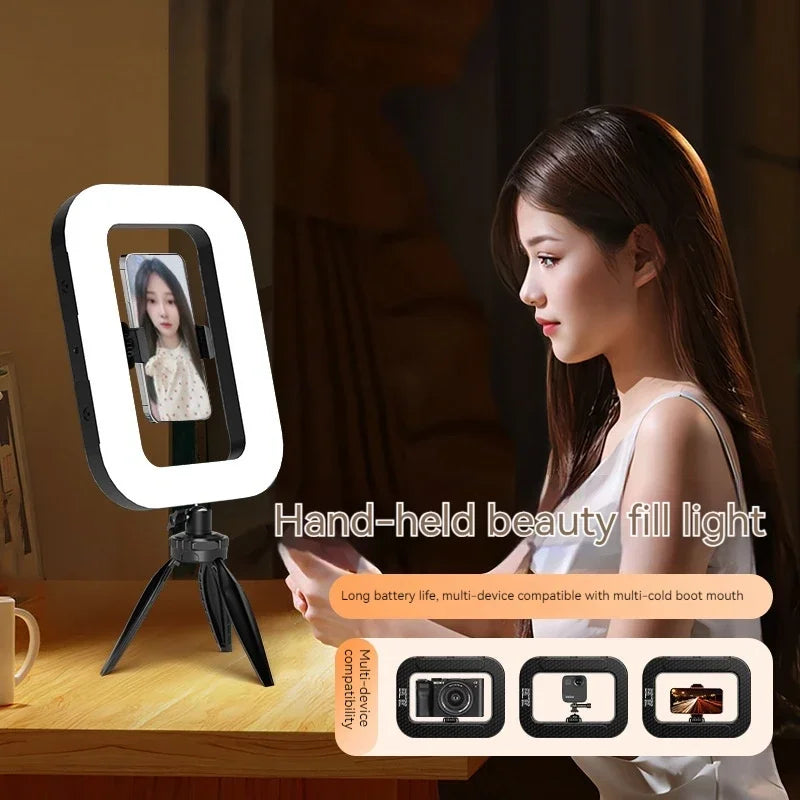 Handheld LED Ring Fill Light – Rechargeable Portable Selfie Light with Phone Holder for Photography & Live Streaming