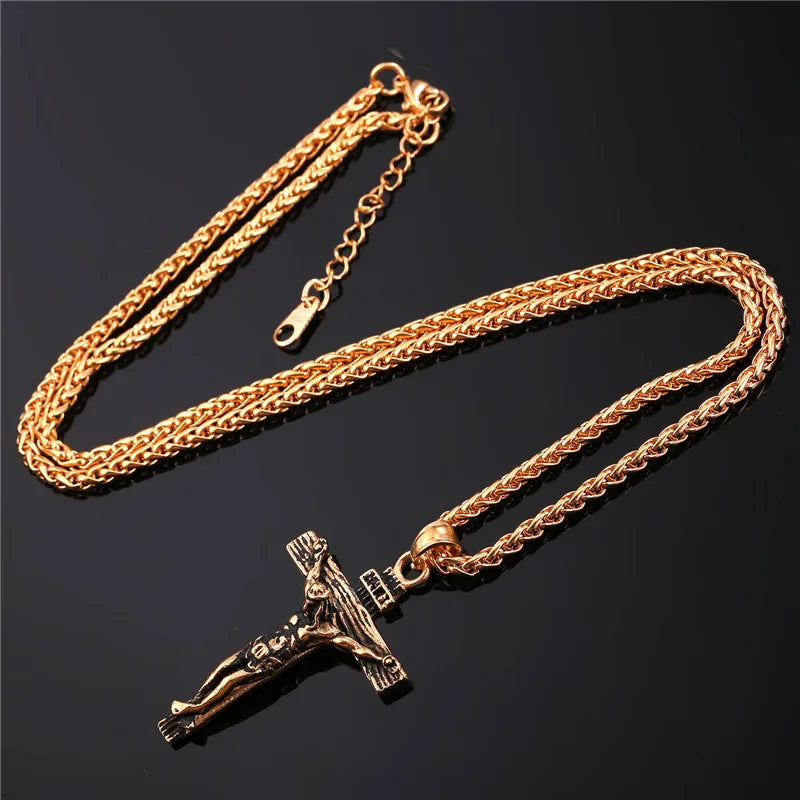 Stainless Steel Crucifix Cross Pendant Necklace – Gold Plated INRI Jesus Piece for Women & Men | Faith Religious Jewelry