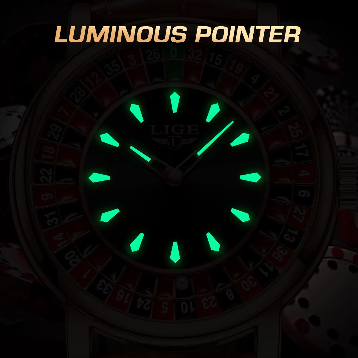 Men’s Roulette Watch – Brown/Black Leather Strap, Waterproof Quartz, Luminous Hands, Casino-Inspired Design
