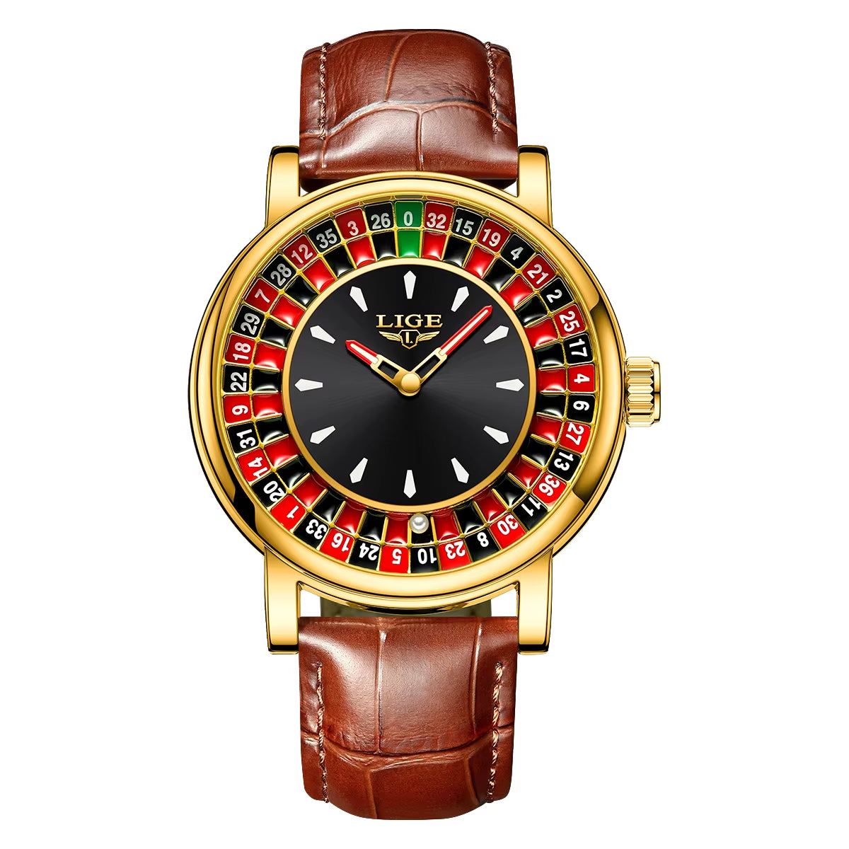 Men’s Roulette Watch – Brown/Black Leather Strap, Waterproof Quartz, Luminous Hands, Casino-Inspired Design