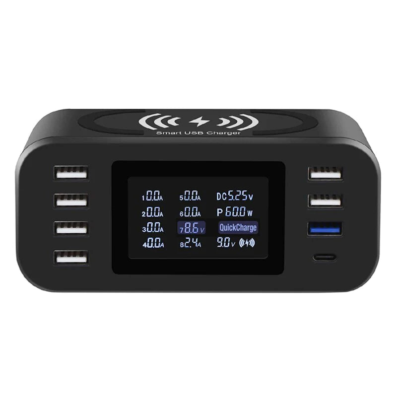 60W Wireless Charging Station with Quick Charge 3.0 – 8-Port USB Hub & 10W Qi Fast Charger | Smart LED Display | Universal Multi-Device Charger for iPhone, Samsung, LG, Pixel, and More