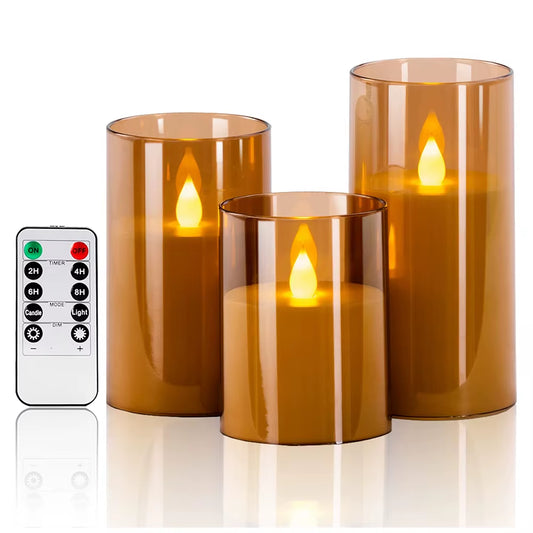 LED Flameless Candles with Remote & Timer – Acrylic Flickering Electronic Candle Set (3-Piece) for Christmas, Weddings & Home Decor