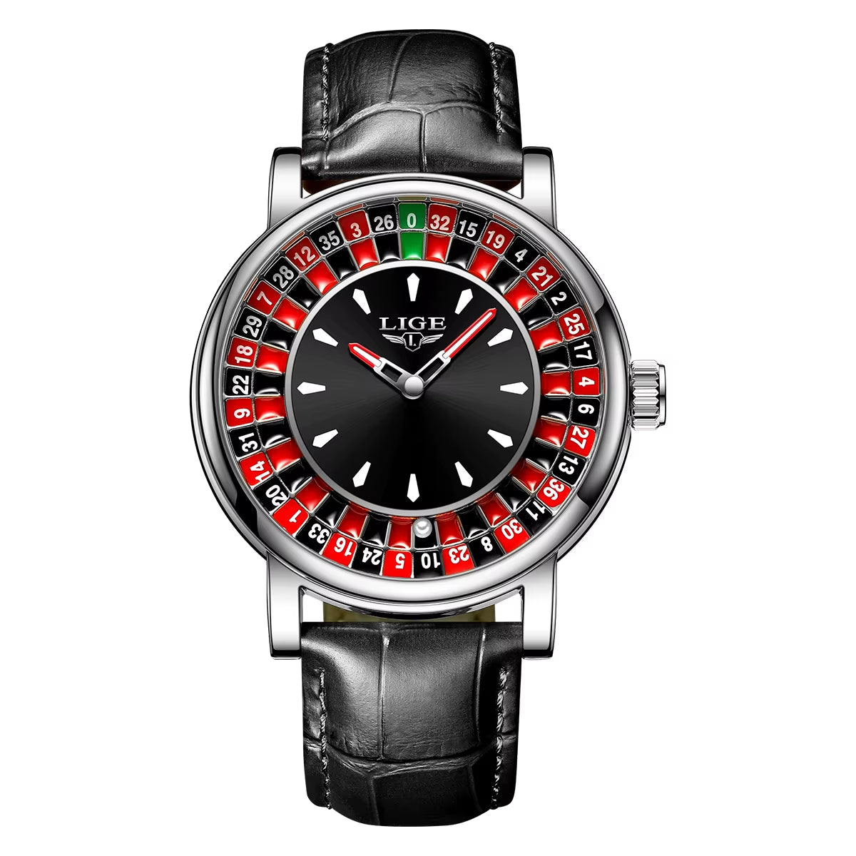 Men’s Roulette Watch – Brown/Black Leather Strap, Waterproof Quartz, Luminous Hands, Casino-Inspired Design