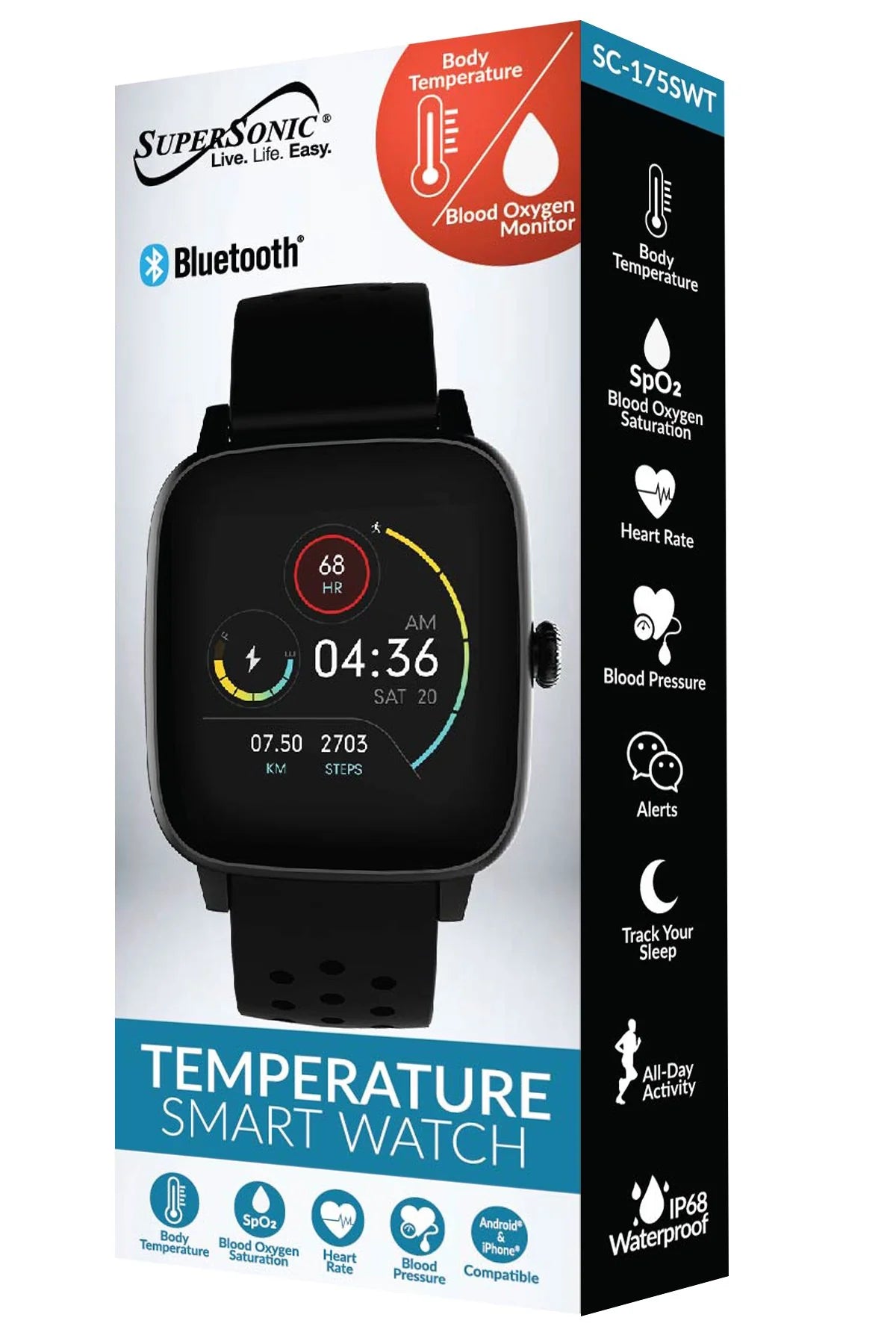 Smartwatch with Heart Rate, Temperature, SpO2 & Blood Pressure Monitor – Bluetooth, Waterproof, Fitness Tracker