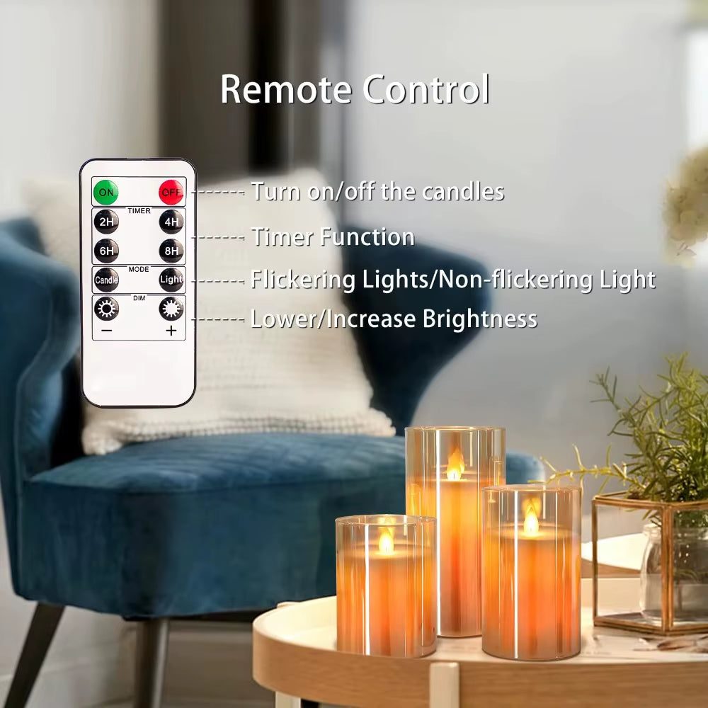 LED Flameless Candles with Remote & Timer – Acrylic Flickering Electronic Candle Set (3-Piece) for Christmas, Weddings & Home Decor