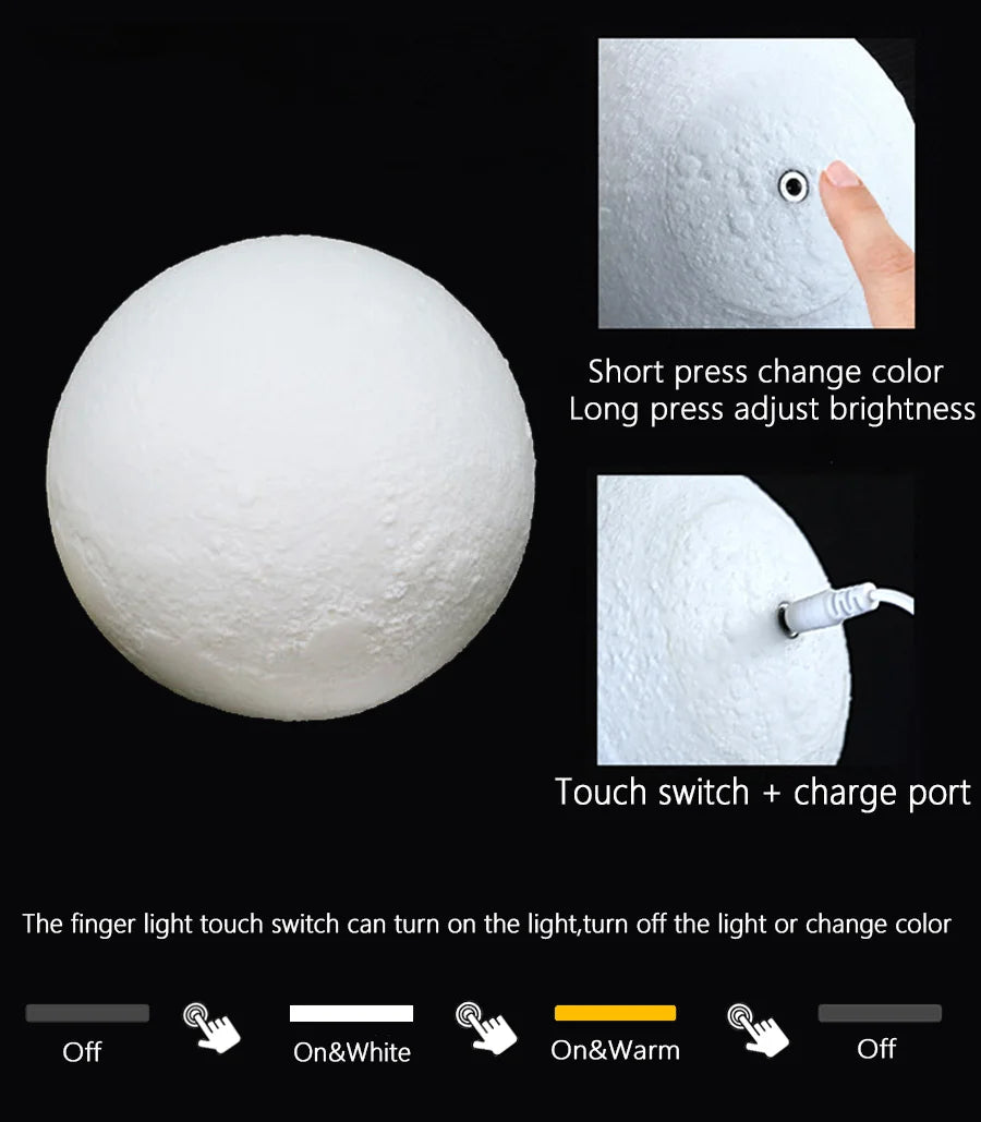 3D Printed Moon Lamp – Rechargeable Color-Changing LED Night Light with Wooden Stand | Touch Control Home Decor & Gift