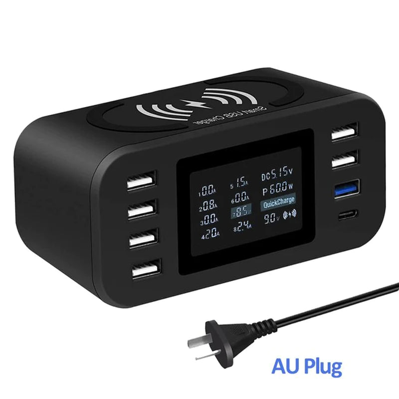 60W Wireless Charging Station with Quick Charge 3.0 – 8-Port USB Hub & 10W Qi Fast Charger | Smart LED Display | Universal Multi-Device Charger for iPhone, Samsung, LG, Pixel, and More