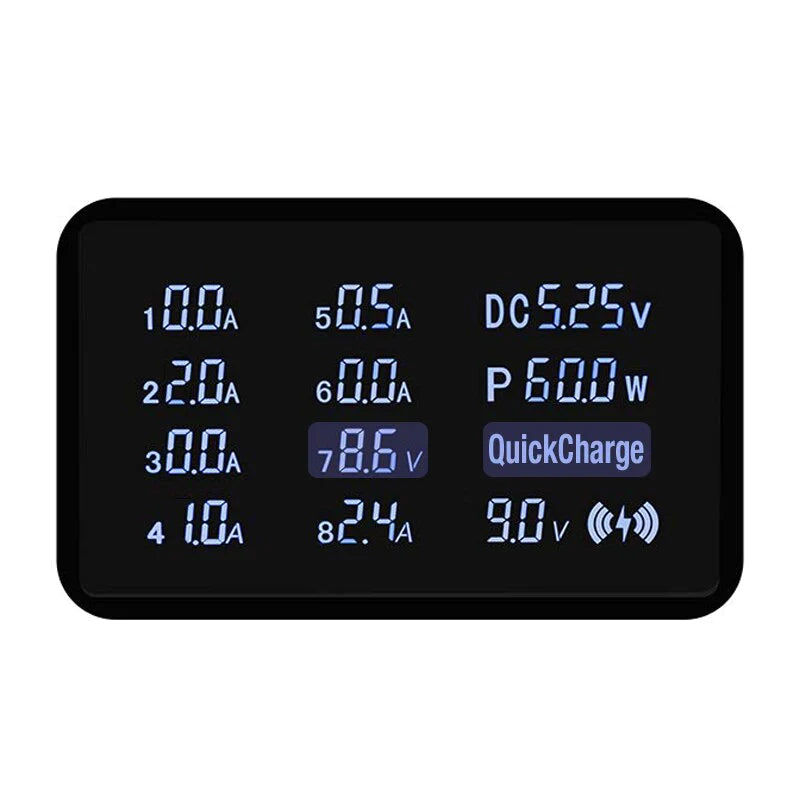 60W Wireless Charging Station with Quick Charge 3.0 – 8-Port USB Hub & 10W Qi Fast Charger | Smart LED Display | Universal Multi-Device Charger for iPhone, Samsung, LG, Pixel, and More