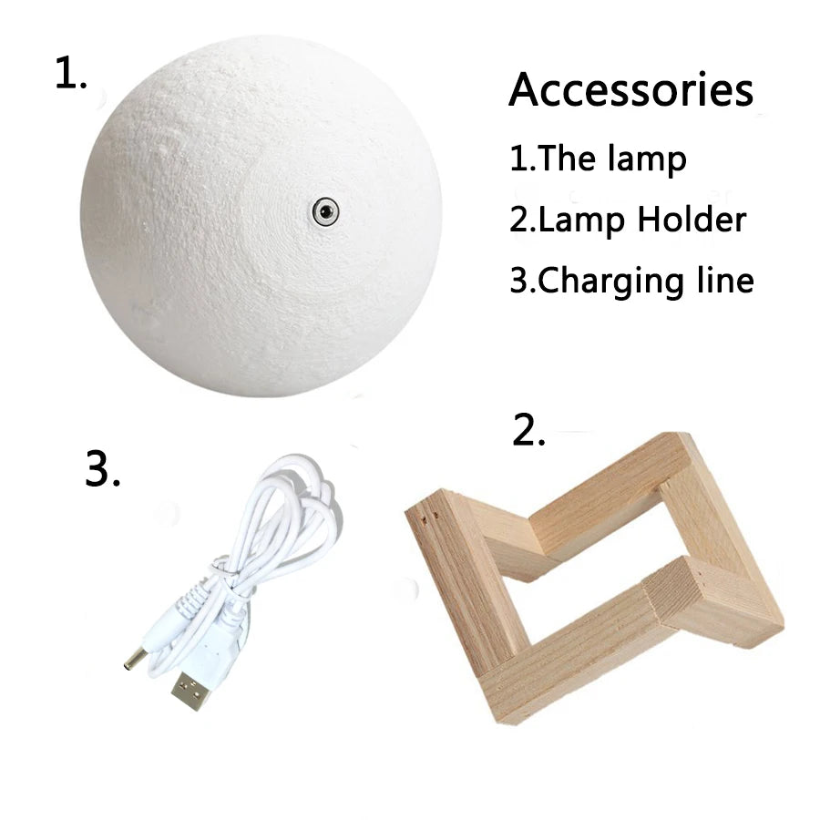 3D Printed Moon Lamp – Rechargeable Color-Changing LED Night Light with Wooden Stand | Touch Control Home Decor & Gift