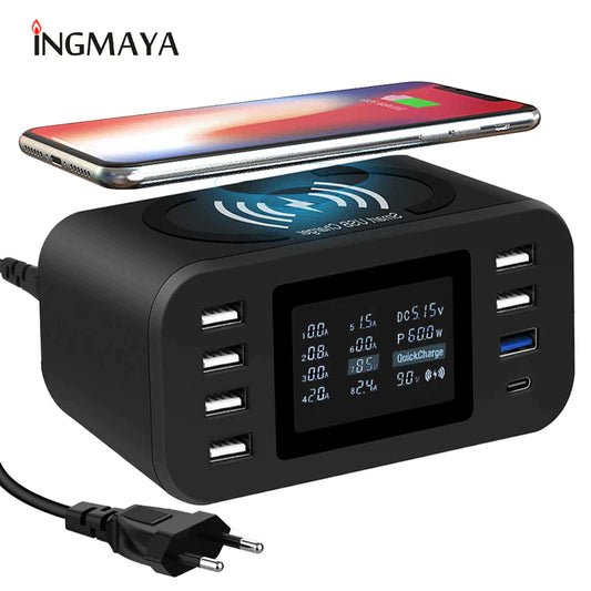 60W Wireless Charging Station with Quick Charge 3.0 – 8-Port USB Hub & 10W Qi Fast Charger | Smart LED Display | Universal Multi-Device Charger for iPhone, Samsung, LG, Pixel, and More