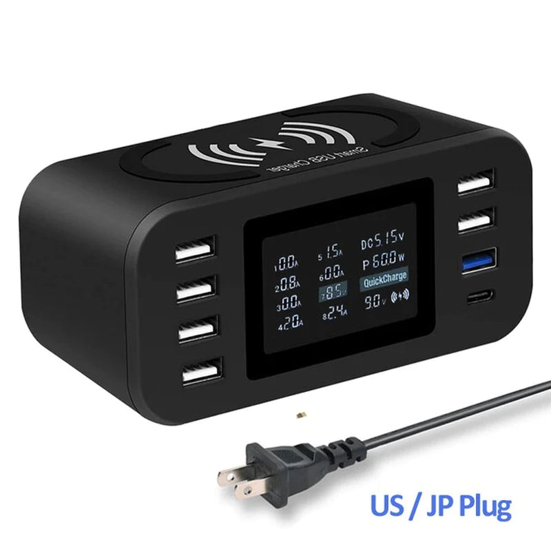 60W Wireless Charging Station with Quick Charge 3.0 – 8-Port USB Hub & 10W Qi Fast Charger | Smart LED Display | Universal Multi-Device Charger for iPhone, Samsung, LG, Pixel, and More
