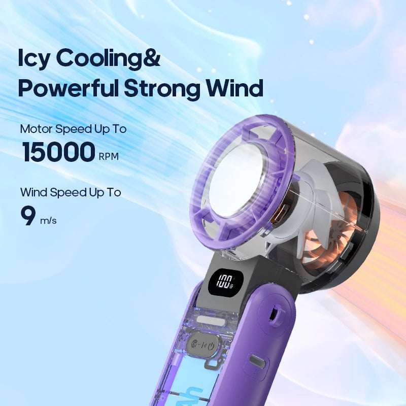 Close-up of handheld fan with battery power display