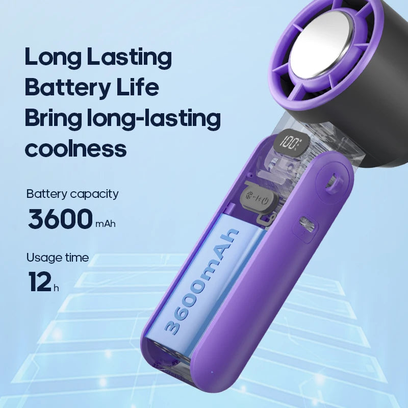 Close-up of handheld fan with battery power display