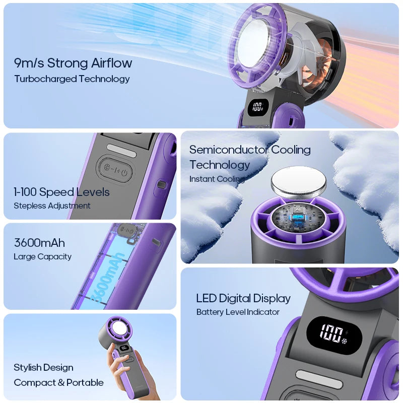 Close-up of handheld fan with battery power display