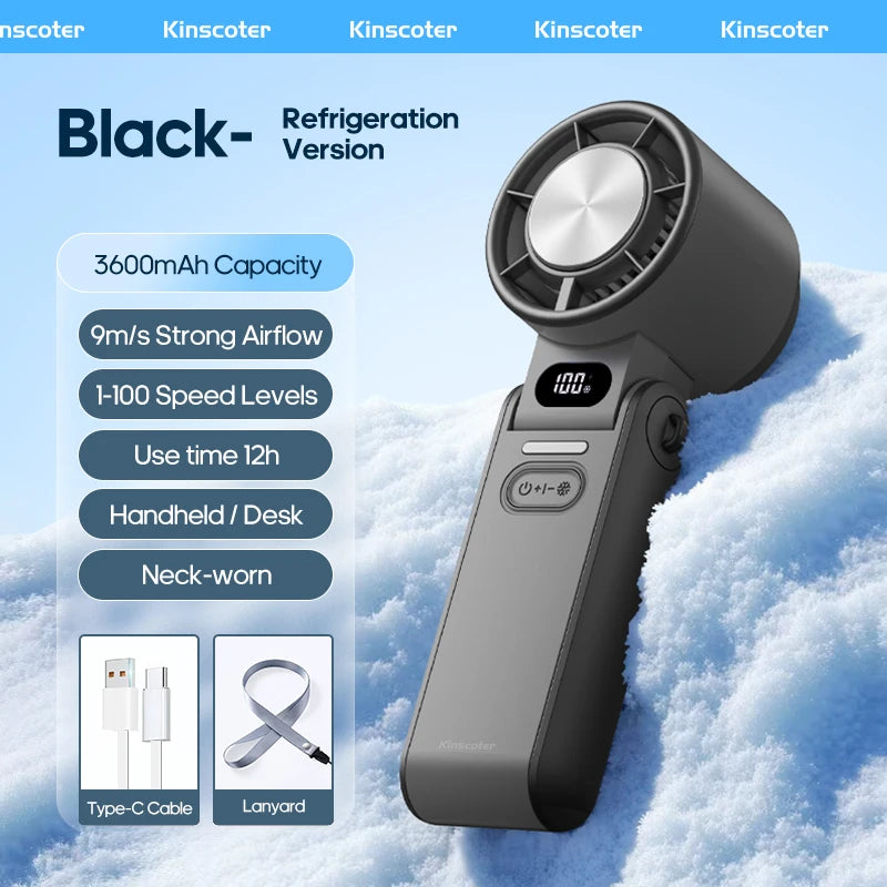 Portable handheld fan with 3600mAh battery and ice cooling for travel