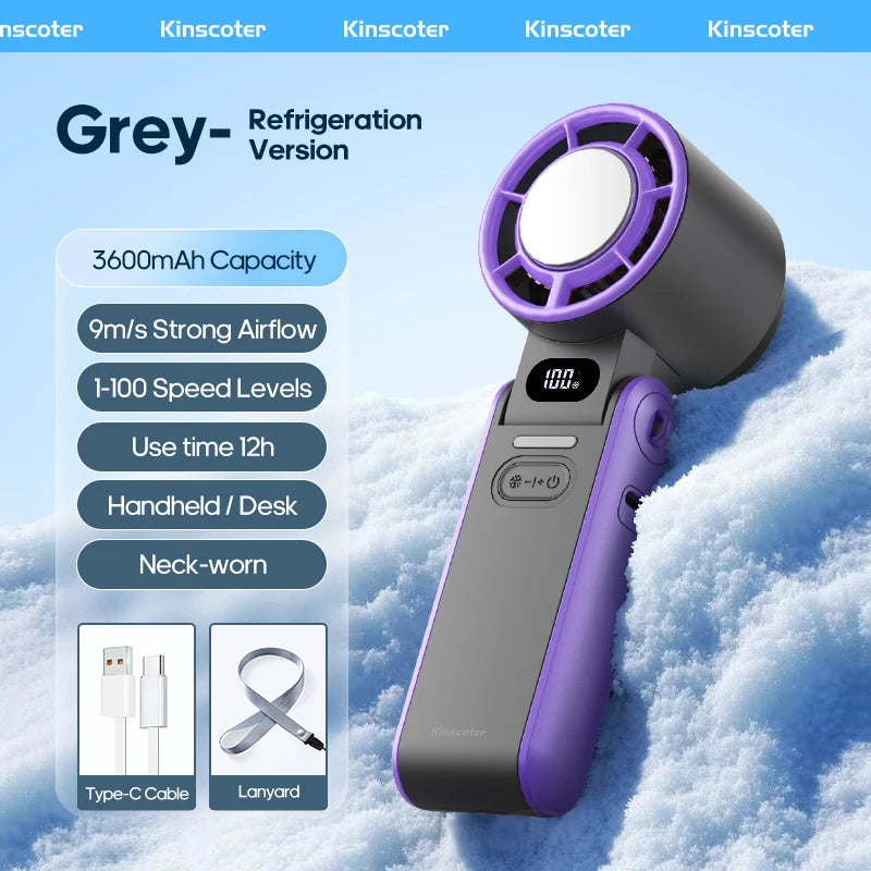 Portable handheld fan with 3600mAh battery and ice cooling for travel