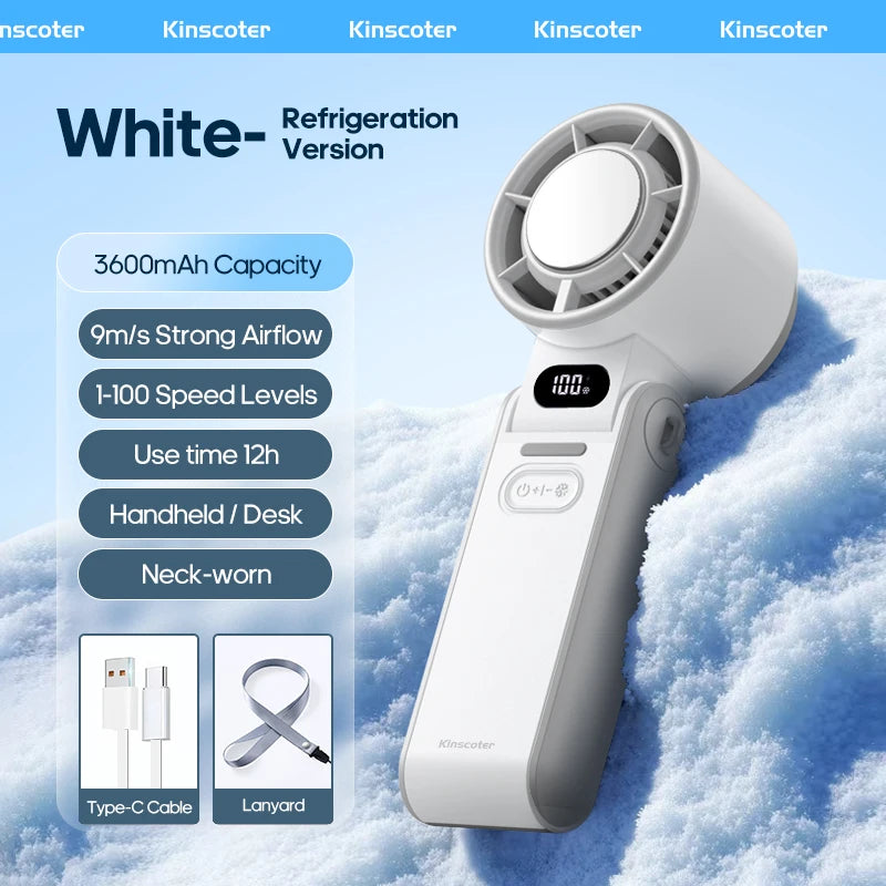 Portable handheld fan with 3600mAh battery and ice cooling for travel