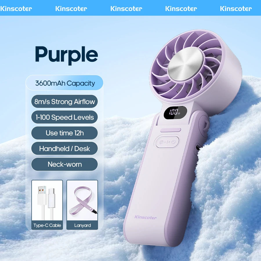 Portable handheld fan with 3600mAh battery and ice cooling for travel