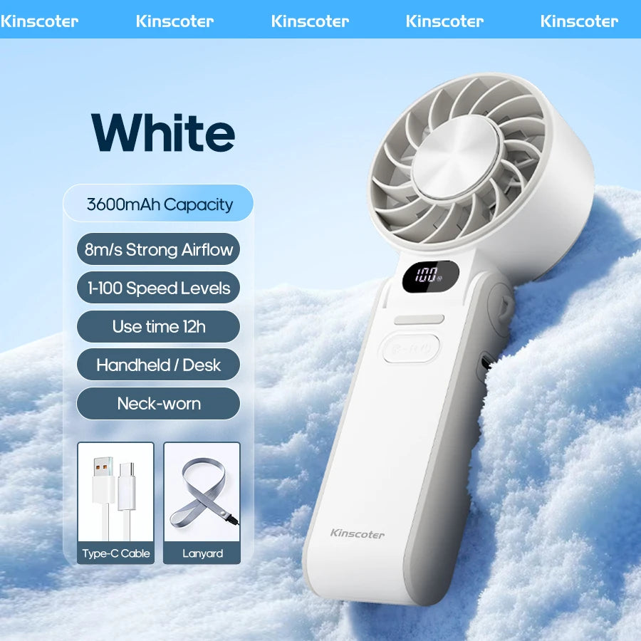 Portable handheld fan with 3600mAh battery and ice cooling for travel